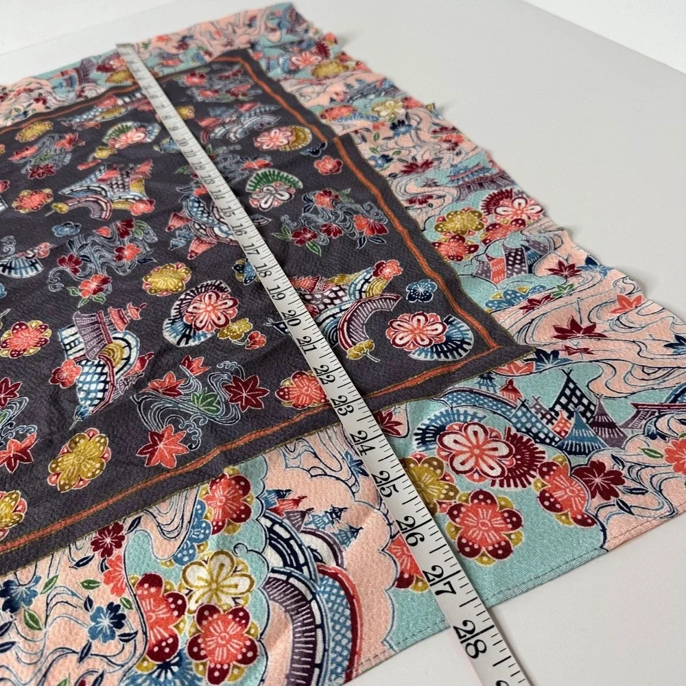Ryukyu Bingata Japanese Square Scarf Silk Rayon Black Pink‎ Floral Spring 27x27